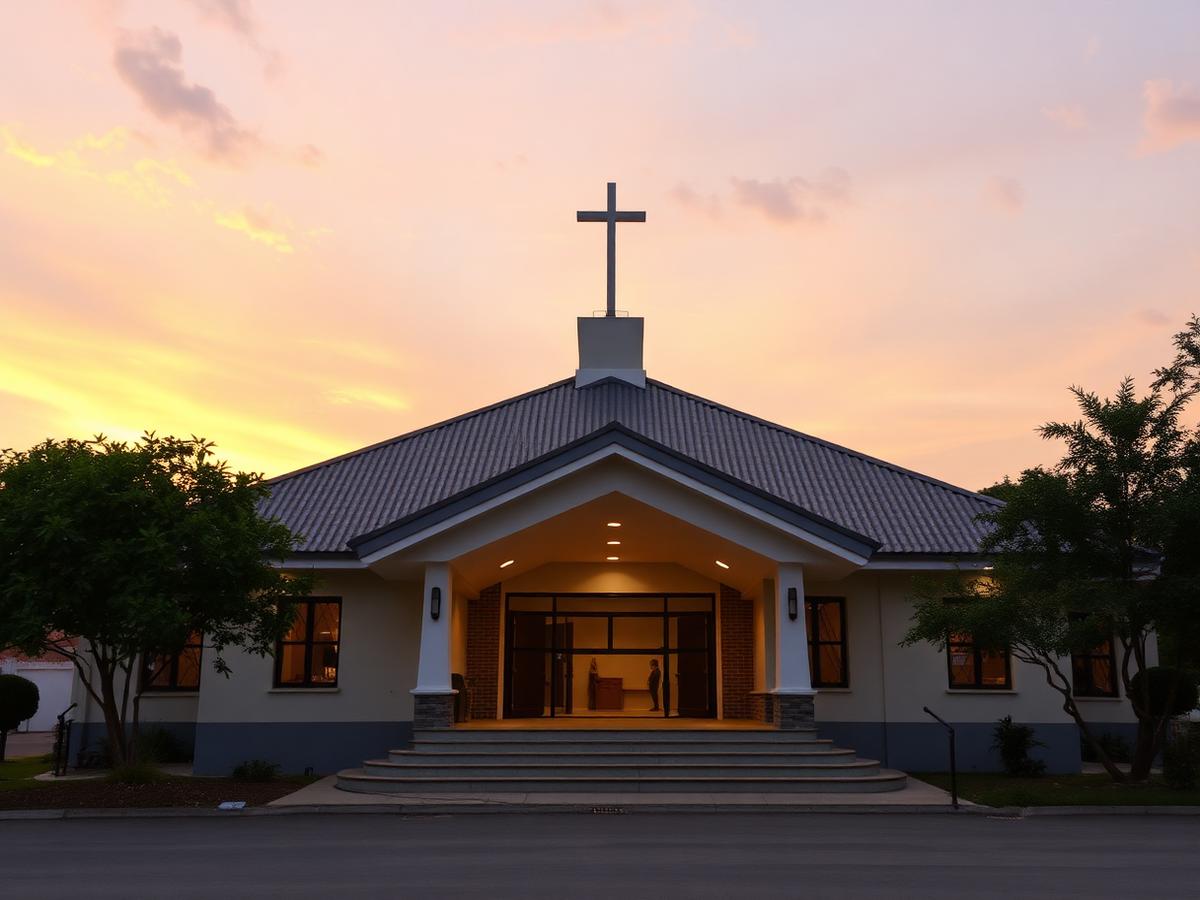 World Harvest Christian Center building at sunset